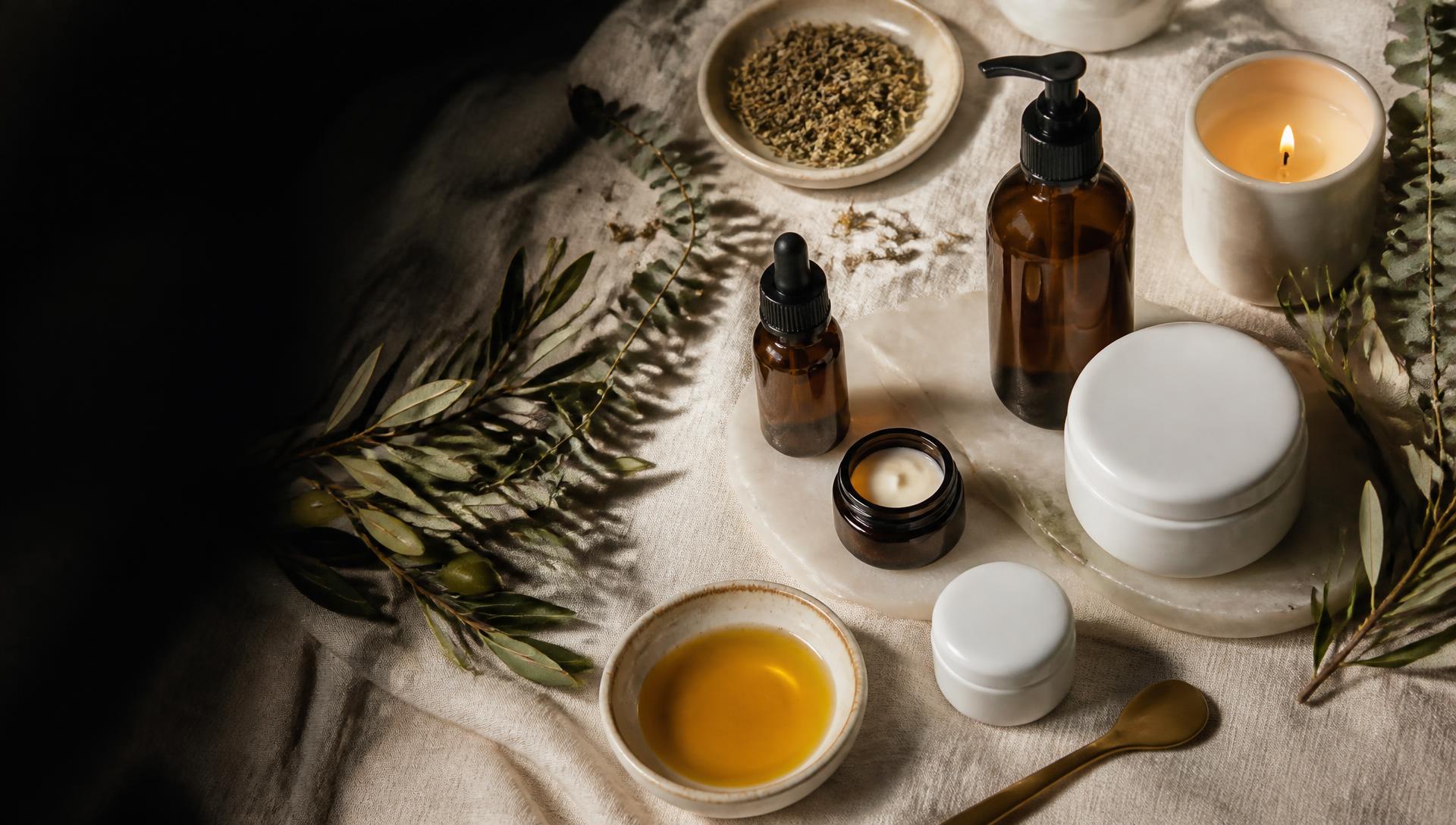 Natural skincare products with olive leaves, herbs, oils and a lit candle
