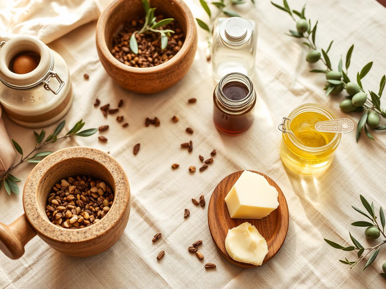 Natural raw ingredients on a workshop table